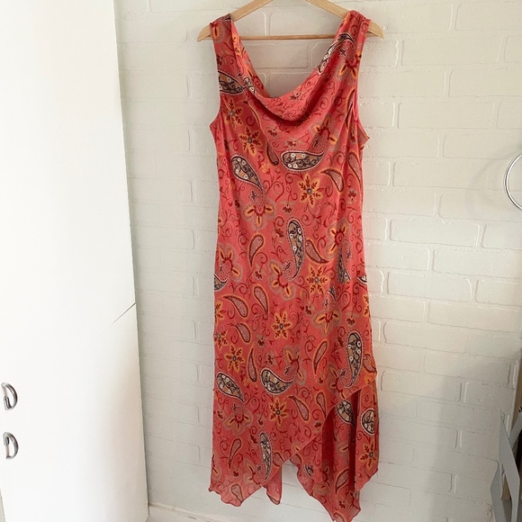 Vintage Y2K Maxi dress Chiffon flowy Coral Fairy Cowl neck Asymmetrical Sz 16 - Picture 1 of 11